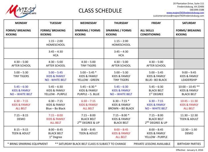 Majest Fredericksburg VA Class Schedule